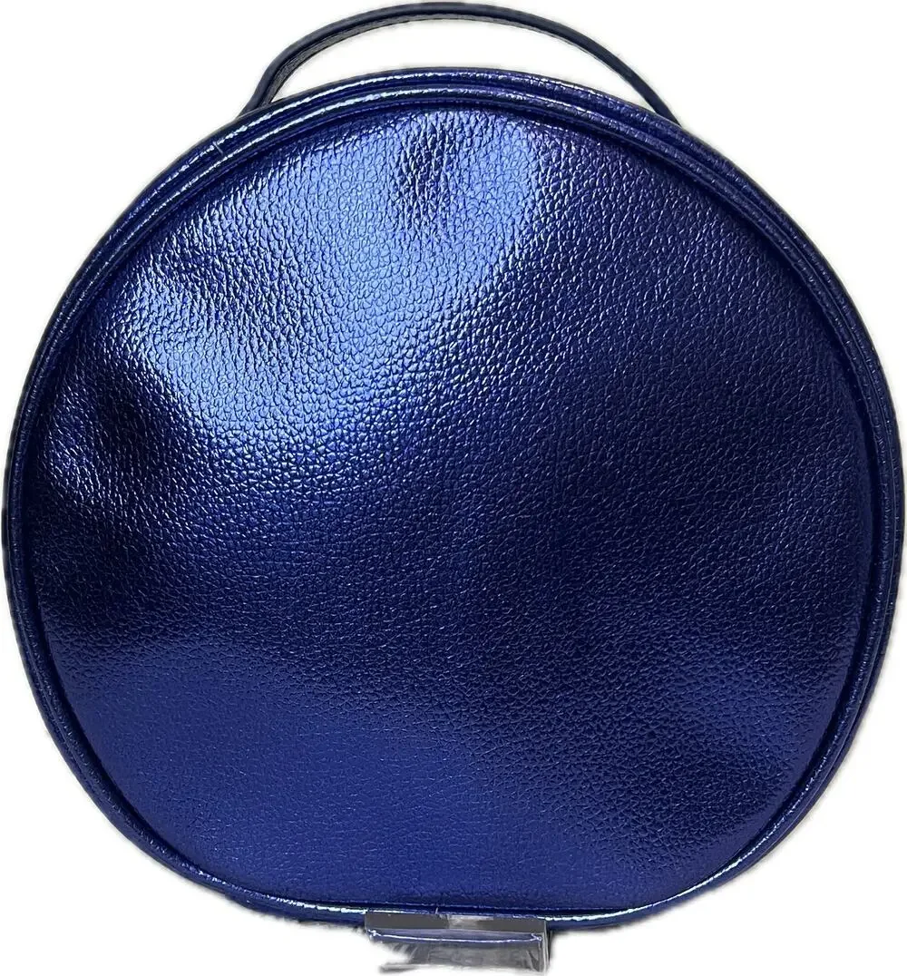 NWOT Metallic Blue Round Make-Up Bag 8'' Diameter 2'' Deep Travel Vacation